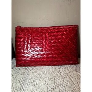 Vintage Red Woven Straw Clutch Bag Made in Philippines Boho Summer Handbag 12x8
